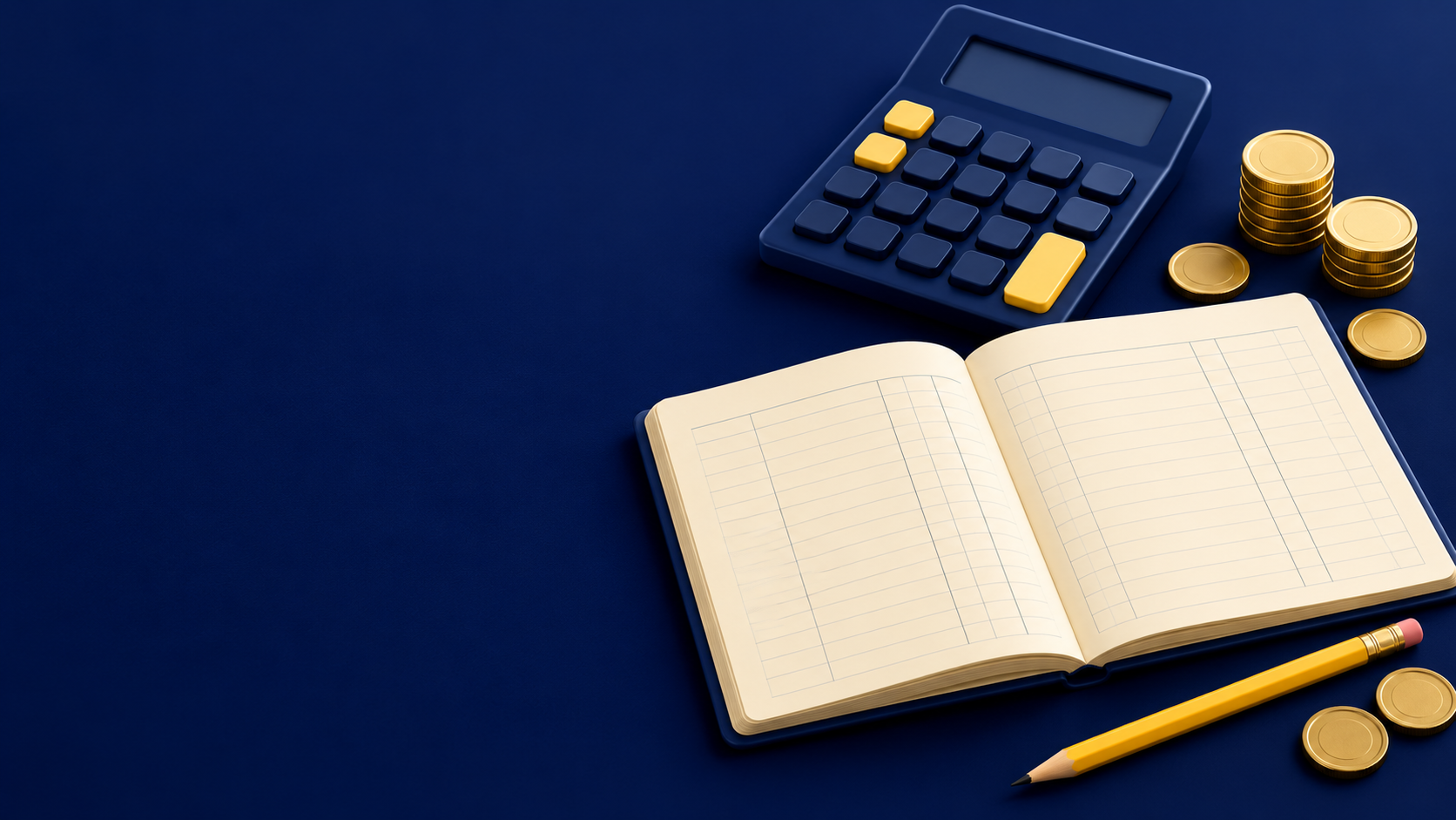 Navy calculator, open ledger, yellow pencil and coins on a navy background.
