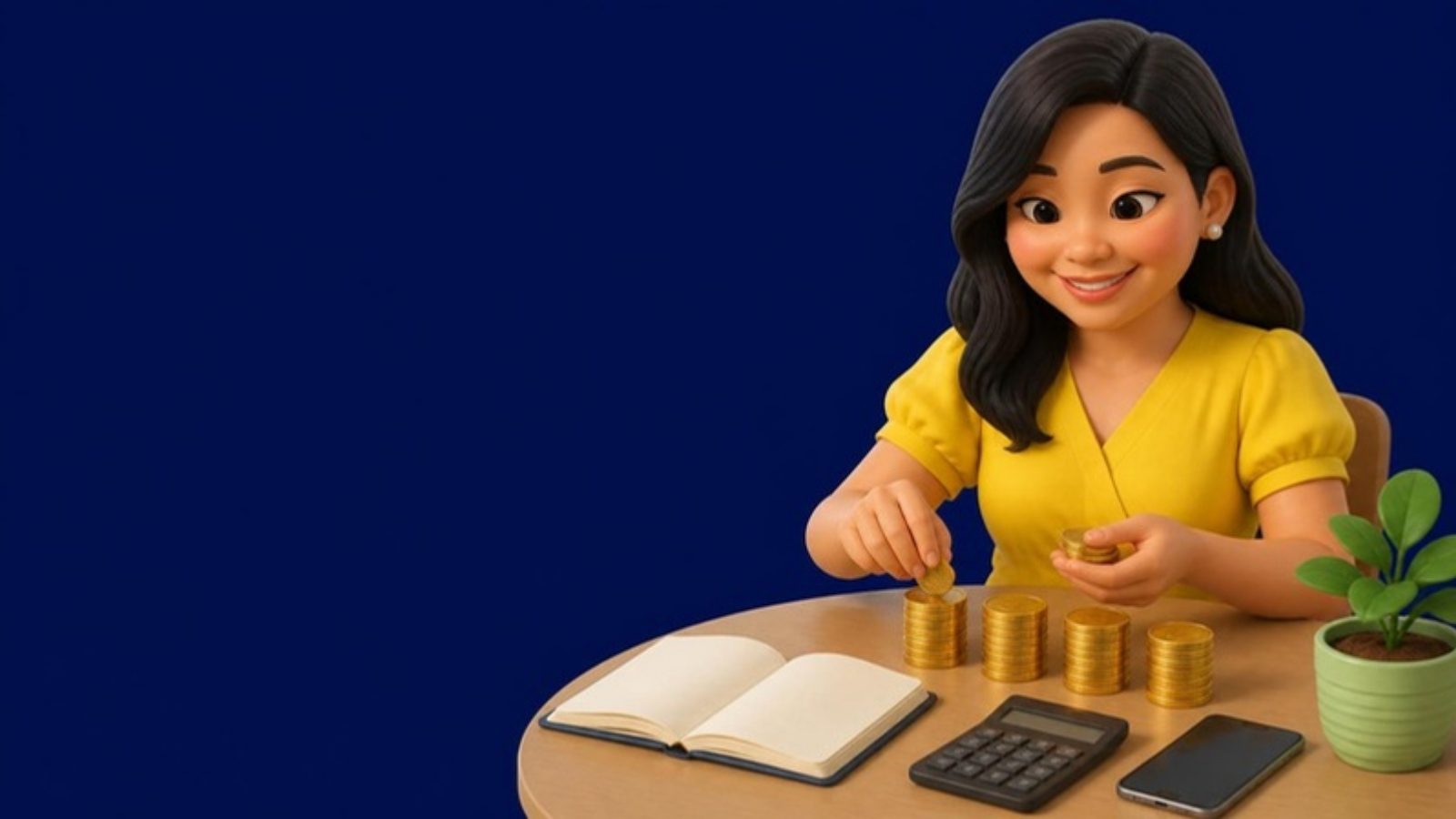 A sosyo treasurer dividing gold coins into equal piles beside a ledger and calculator for the year-end bu-bu-ay hatian