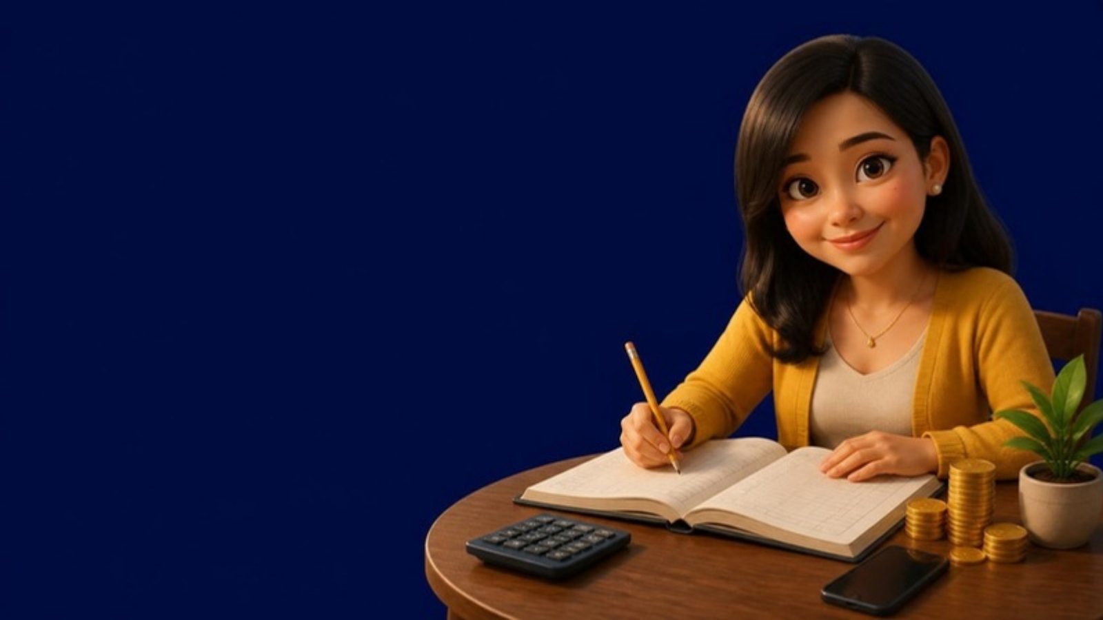 A sosyo treasurer recording bu-bu-ay contributions in a ledger beside a calculator and a stack of coins